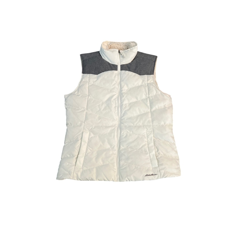 Eddie Bauer Down Puffer Vest White Grey Yoke Sherpa Lined women Large